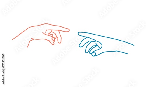 Two hands try to touch each other. Human relations concept. Line drawing vector illustration.