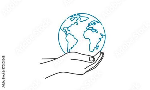 Hands holding, protecting a globe. Line drawing vector illustration.