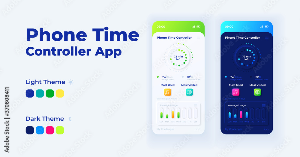 Phone time controller cartoon smartphone interface vector templates set ...