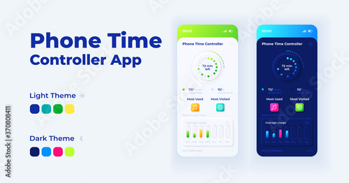 Phone time controller cartoon smartphone interface vector templates set. Mobile app screen page day and night modes design. Screen time limit UI for application. Phone display with flat illustrations