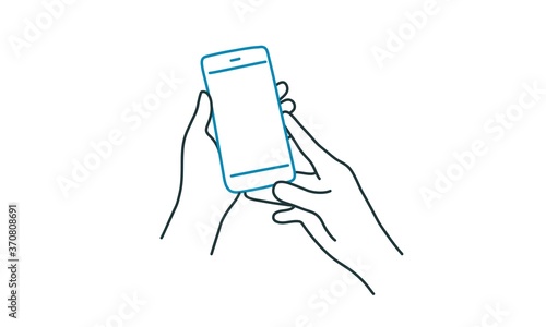 Human hands are using mobile phone. Line drawing vector illustration.