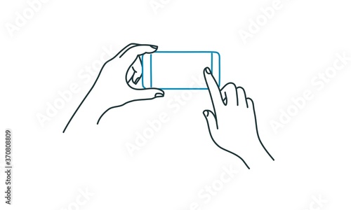 Human hands are using smartphone. Line drawing vector illustration.