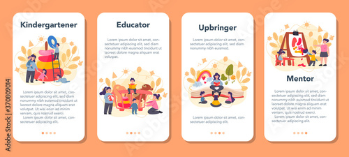Kindergartener mobile application banner set. Professional nany