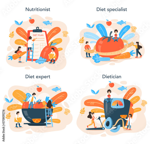 Nutritionist concept set. Diet plan with healthy food and physical activity