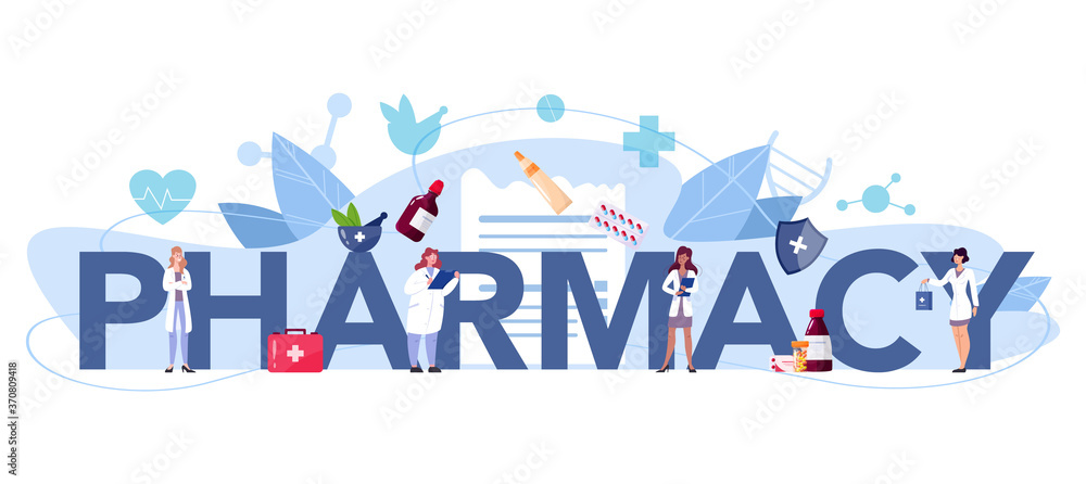 Pharmacy typographic header. Pharmacist holding a bag Pharmacy typographic header. Pharmacist holding a bag