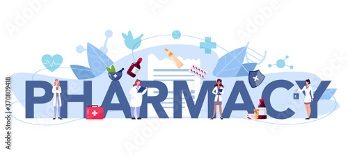 Pharmacy typographic header. Pharmacist holding a bag