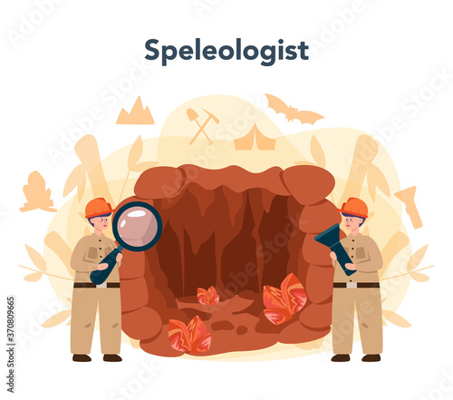 Speleologist concept. Scientst exploring deep cave with