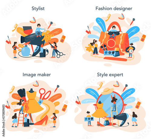Fashion stylist concept set. Modern, creative job, professional fashion