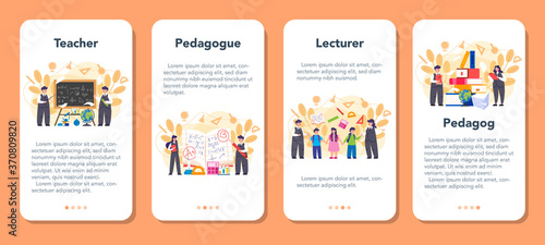 Teacher mobile application banner set. Profesor standing in front