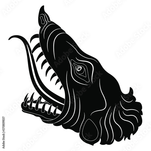 Head of fantastic monster beast. Dragon with open mouth and protruded tongue. Black and white silhouette.