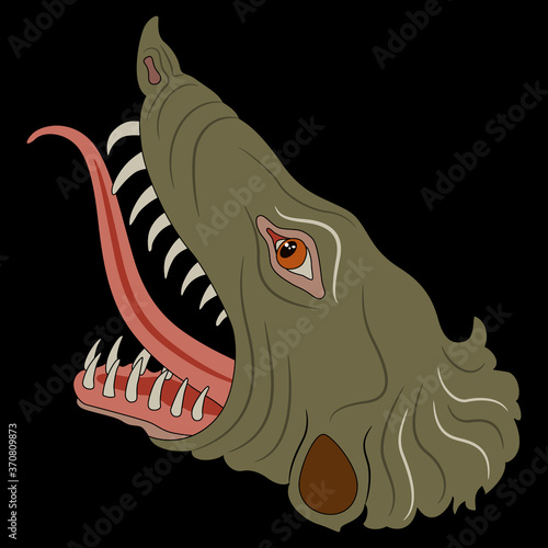Head of fantastic monster beast. Dragon with open mouth and protruded tongue.