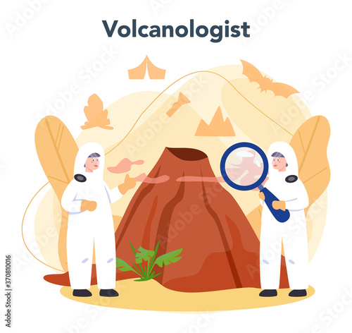 Volcanologist concept. Geologist studying the processes and activity