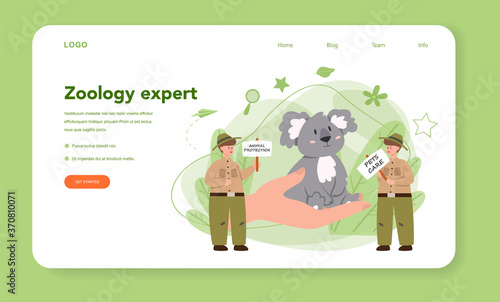 Zoologist web banner or landing page. Scientist exploring and studying