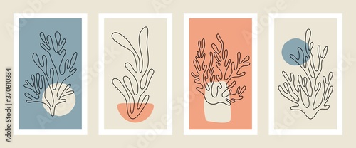 Abstract coral posters. Contemporary organic shapes minimalistic Matisse style, colorful corals, graphic vector illustration