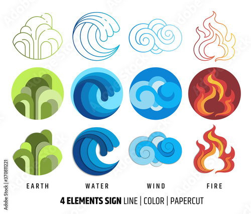 Four element icon in line art, flat, paper cut design. With earth, water, wind ,fire sign.
