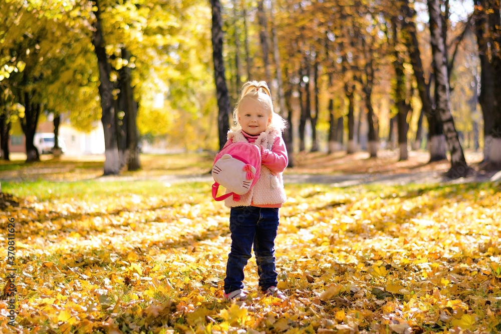 little child playing in autumn park little child playing in autumn park