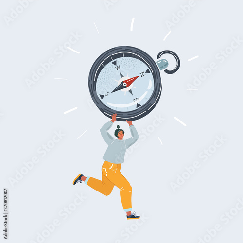 Vector illustration of woman is holding a big compass in her hands and fast run in right direction. Human character on white background.