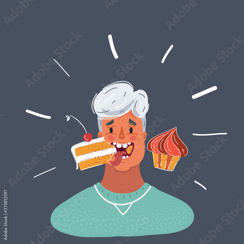 Vector illustration of man eating lots of sweets, cackes and cupcakes. Male face on dark background.