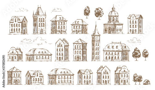 Hand drawn historic buildings set. Vintage sketch of architecture