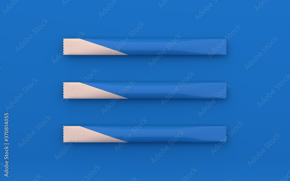 Three blue beige sugar packets on a Blue background. Top view. 3d rendering illustration.