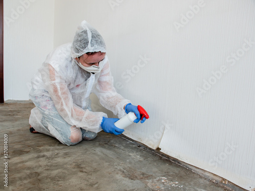 Treatment of mildew-affected walls with a sprayed chemical agent.