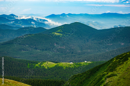 Carpathian Mountains. Panorama of green hills in summer mountain