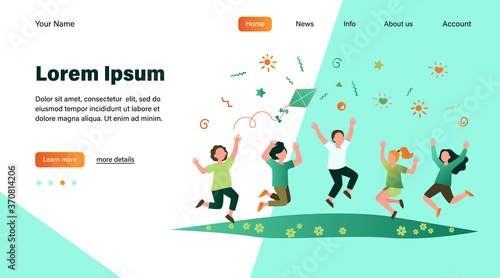 Happy children playing in summer park flat vector illustration. Cartoon cute boys and girls jumping with kite on meadow. Kindergarten and holiday concept