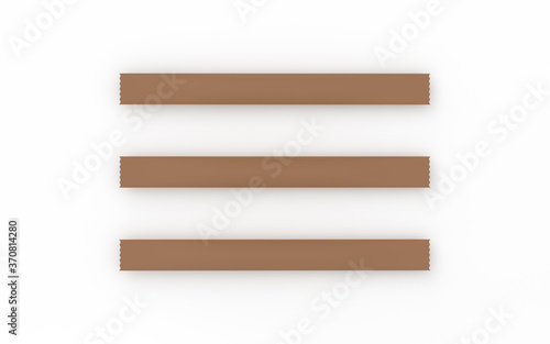 Three brown sugar packets on a Blue background. Top view. 3d rendering illustration.