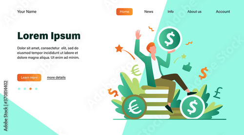 Happy businessman earning money flat vector illustration. Cartoon millionaire or banker holding huge coin. Finance growth and market concept