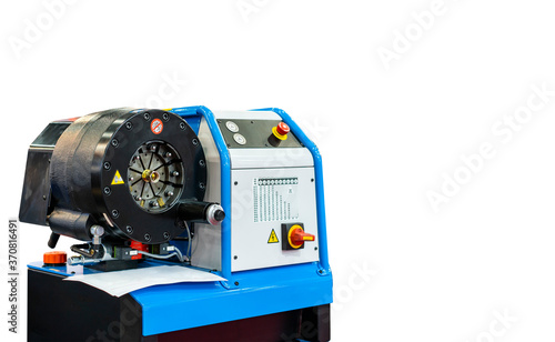 close up crimp head of hydraulic hose crimping machine for industrial isolated on white background with clipping path
