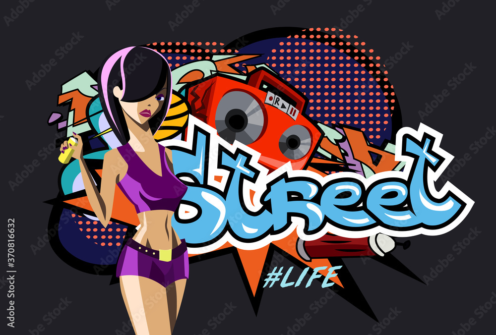 Bright young girl on the background of graffiti from the word street, Boombox, ball, pop art style explosions. Perfect for stickers, flyers, festivals. EPS 10