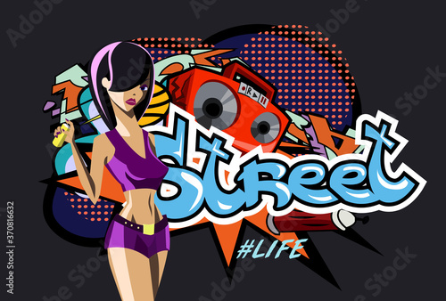 Bright young girl on the background of graffiti from the word street  Boombox  ball  pop art style explosions. Perfect for stickers  flyers  festivals. EPS 10