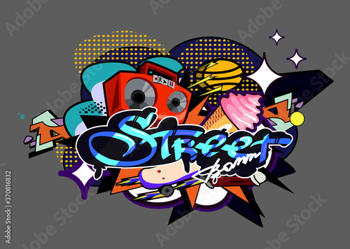 the inscription Street in the style of pop art street graffiti on the background of clouds, explosions, Boombox, skate, ball, ice cream. Perfect for stickers, flyers, festivals. EPS 10