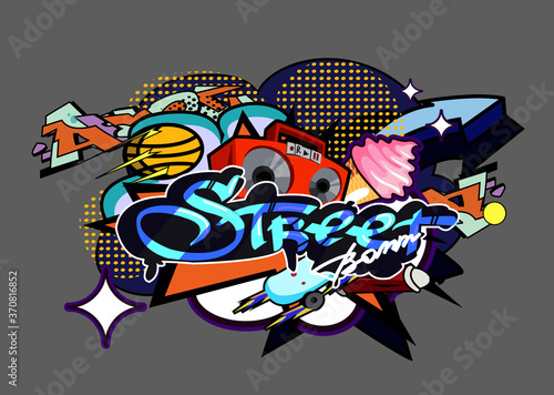 the inscription Street in the style of pop art street graffiti on the background of clouds, explosions, Boombox, skate, ball, ice cream. Perfect for stickers, flyers, festivals. EPS 10