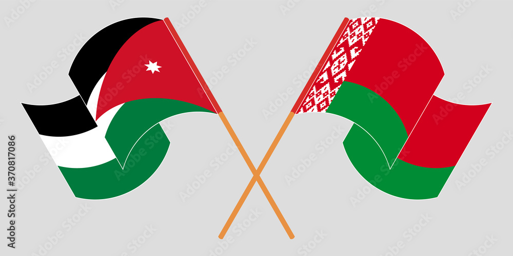 Crossed and waving flags of Jordan and Belarus Crossed and waving flags of Jordan and Belarus