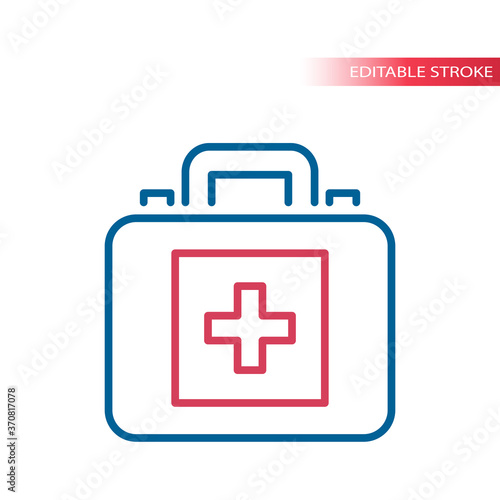 Doctor bag or case thin line vector icon. First aid kit bag with medical cross outline symbol, editable stroke. © Tsvetina