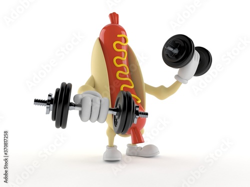 Hot dog character with dumbbells