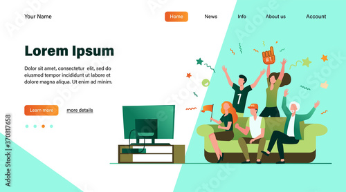 Football fans watching match on TV. Friends sitting on couch and celebrating soccer team winning or goal. Vector illustration for championship, leisure at home, sport game supporter concept