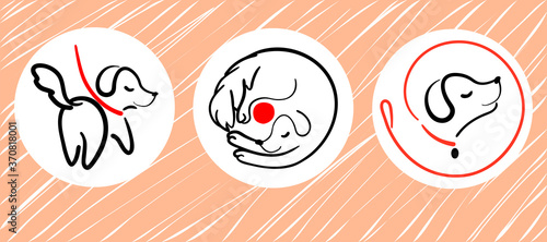 Dog walking service logo set in line style on round from leash. Happy puppy training icon. Walk pet symbol in black red vector outline illustration. Simple Cartoon animal logotype