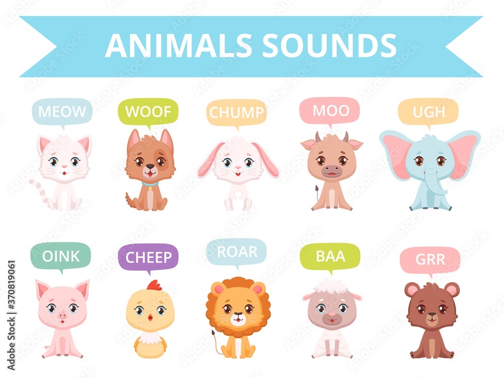 Obraz premium Animals sounds. Zoo birds cats dogs farm animals communication talking speaking words vector characters. Sound animal character, vector zoo illustration