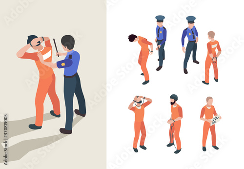 Police and prisoners. Isometric federal jail characters low justice person inmate vector persons. Police and criminal, prison and justice 3d illustration
