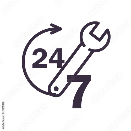 24 7 with arrow and wrench line style icon vector design