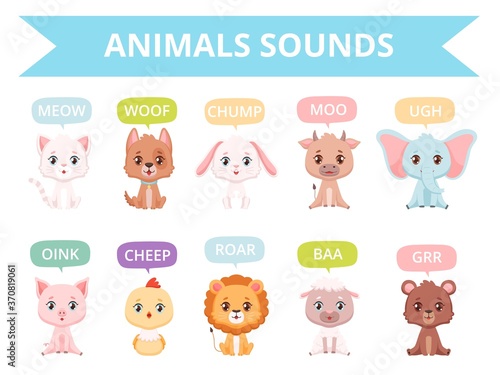 Animals sounds. Zoo birds cats dogs farm animals communication talking speaking words vector characters. Sound animal character, vector zoo illustration