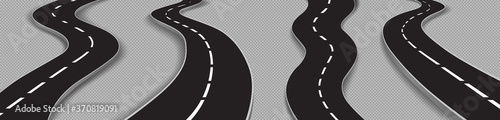 Winding roads, black asphalt highways with white marking. Vector realistic set of curved car ways or streets isolated on transparent background. Concept of journey and travel