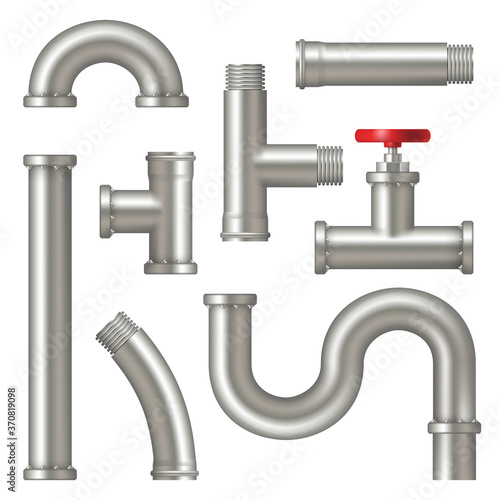 Steel pipes. Realistic picture of water tubes systems with cranes curved factory oil or gas pipelines vector set. Pipe metal steel, pipeline plumbing illustration