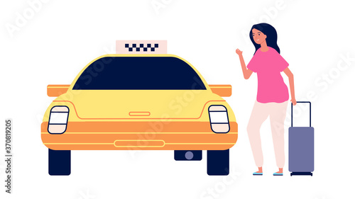 Traveller and taxi. Road to airport, young woman with suitcase get in yellow car. Isolated female tourist vector character. Taxi transportation, road to airport illustration