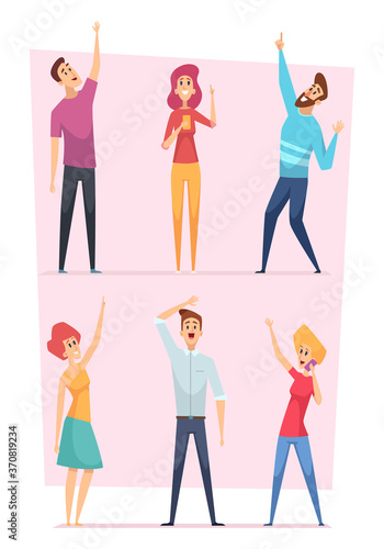 Looking up. People pointing in sky group of happy characters vector illustrations. People crowd audience looking and pointing up