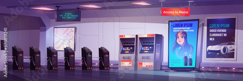 Subway turnstile entrance gates to metro station, empty underground interior with city map, atm and advertising banners. Urban infrastructure, ticket access to public place Cartoon vector illustration