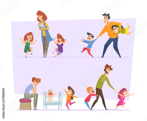 Big family. Tired parents with crazy happy funny active kids in action poses. Vector people father mother children. Illustration family parent tired and kids