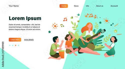 Group of kids clapping hands at their teacher playing guitar. Children enjoying music class outdoors. Can be used for daycare, education, musical school concepts